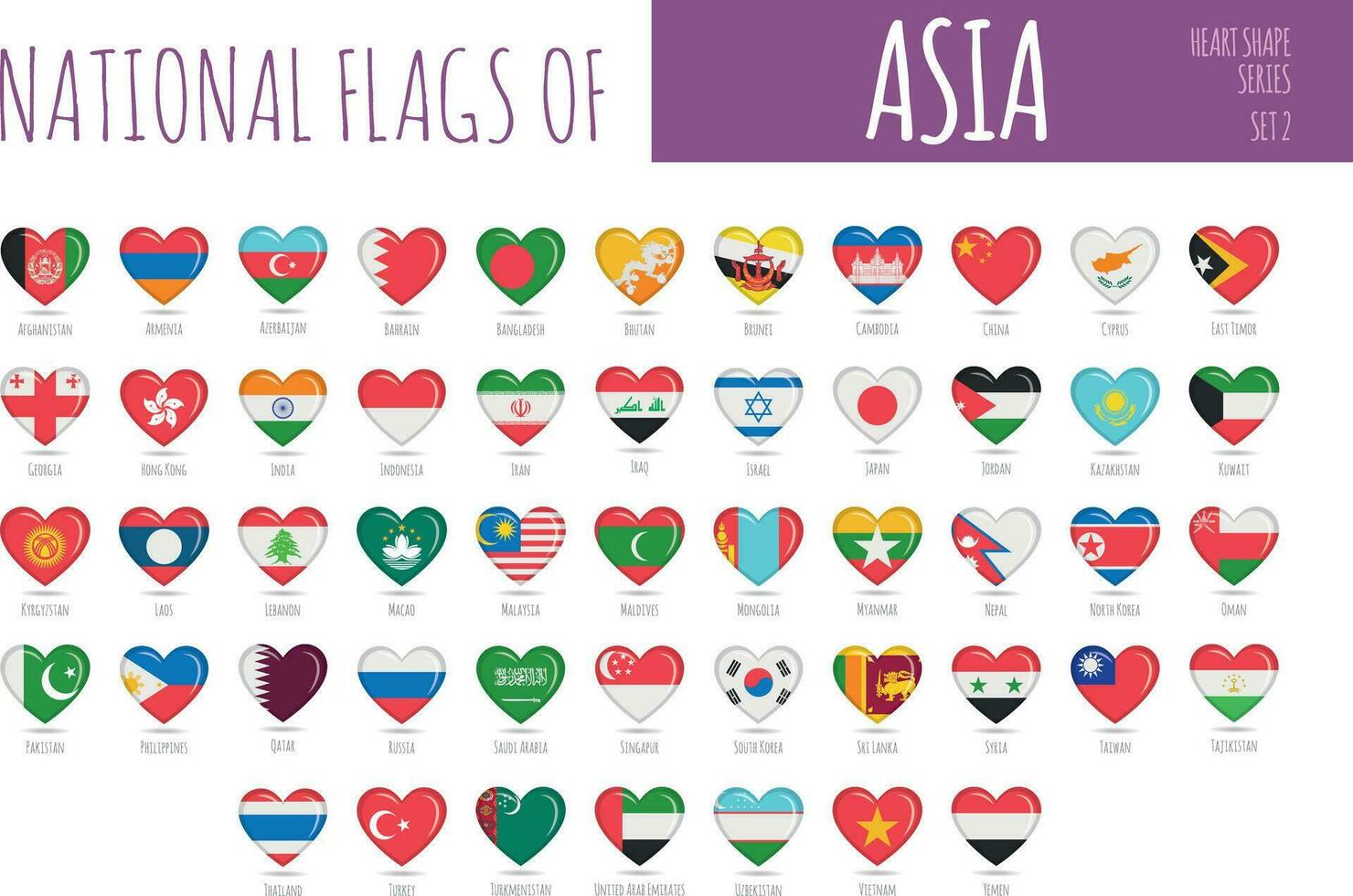 Set of 51 heart shaped flags of the countries of Asia. Icon set Vector Illustration.