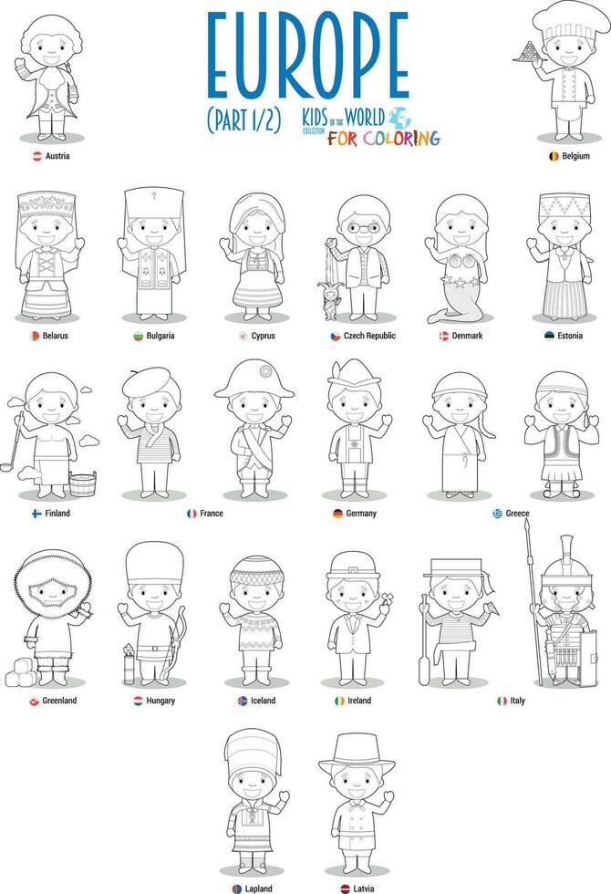 Kids and nationalities of Europe Vector Set 1 of 2. Set of 22 characters for coloring dressed in different national costumes.
