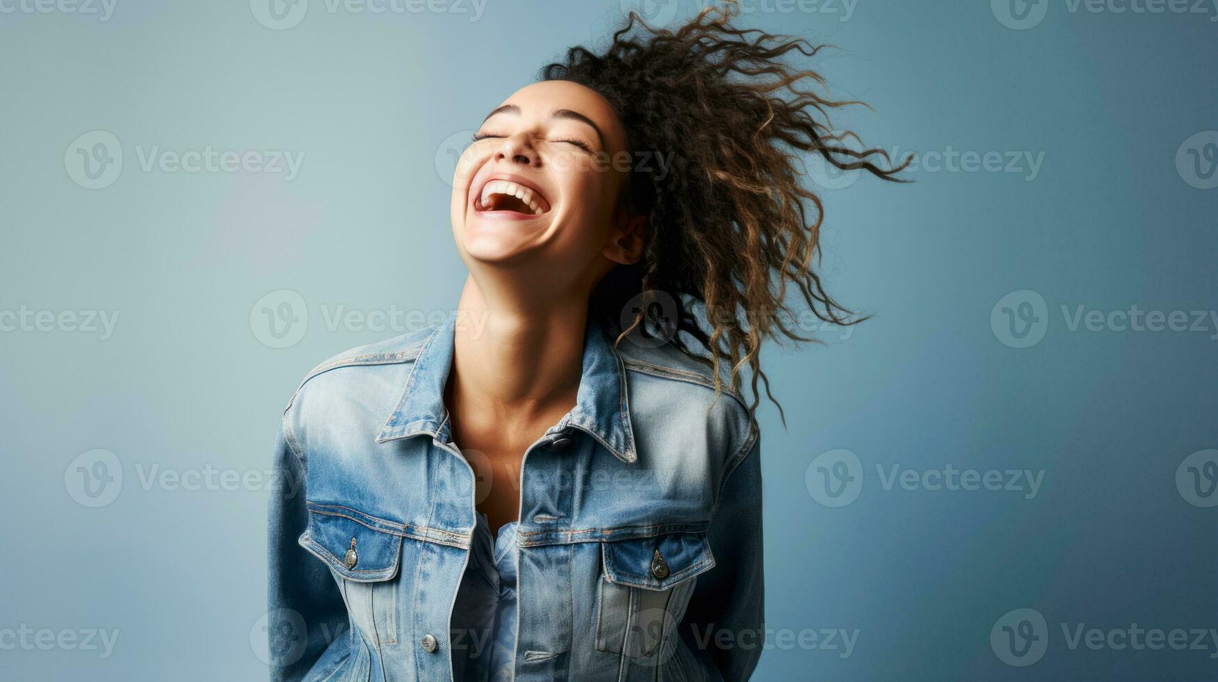 Enjoy happy african american girl wearing denim jacket looking up smiling cheerfully against background AI Generated photo