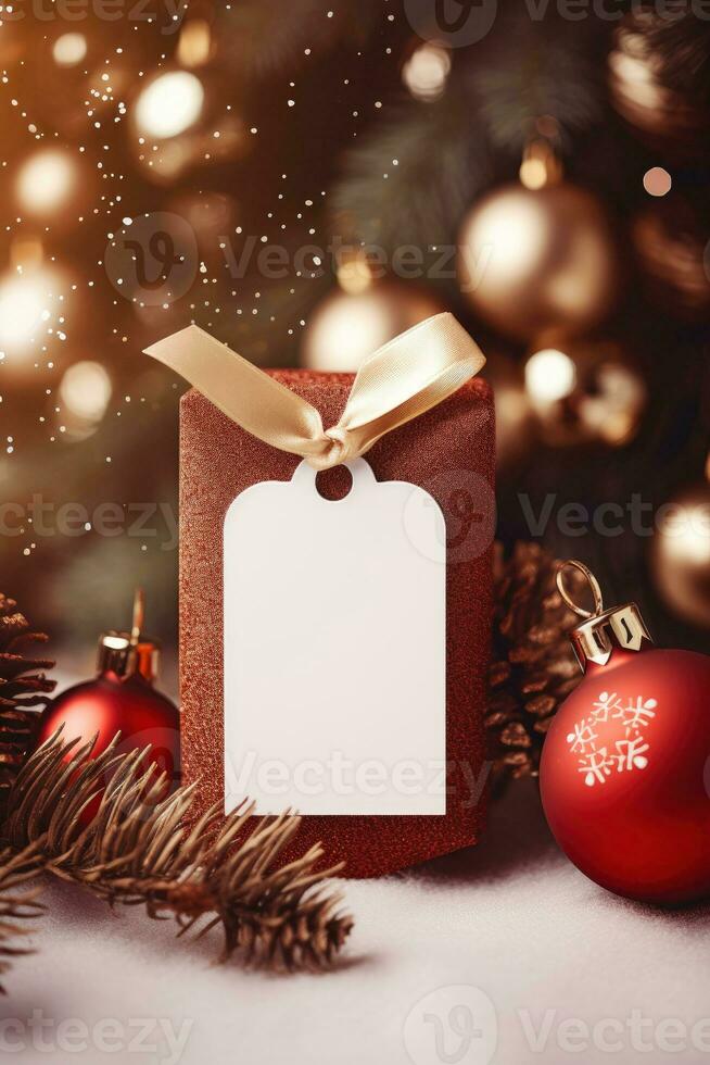 Christmas gift box  with blank tag mockup and blur bokeh light AI Generated photo