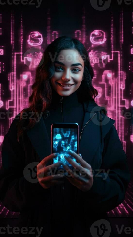 Woman inviting for online shopping with smartphone, black friday, cyber monday sales. neon background AI Generated photo