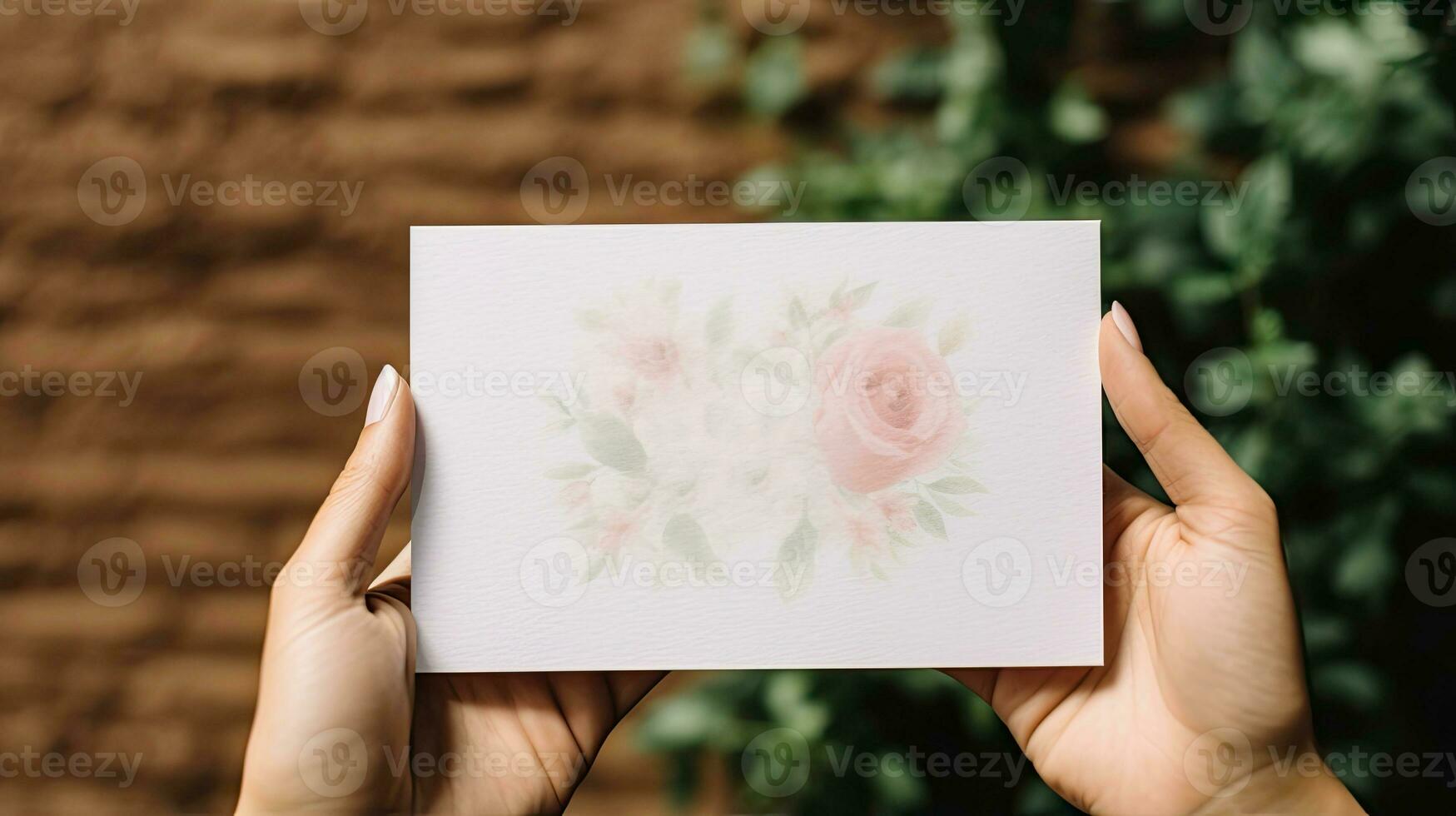 Print Mockup Card in Hands for invitation, Wedding, Card or Postcard Mockup AI Generated photo