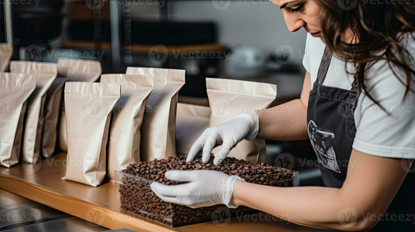 Woman hands seal coffee bean bag packages ready for sales AI Generated photo