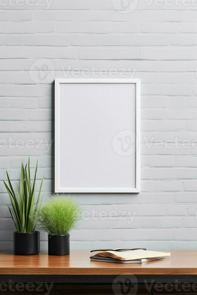 Empty vertical picture frame mockup hanging on a brick wall with wooden desk table and flower vase AI Generated photo