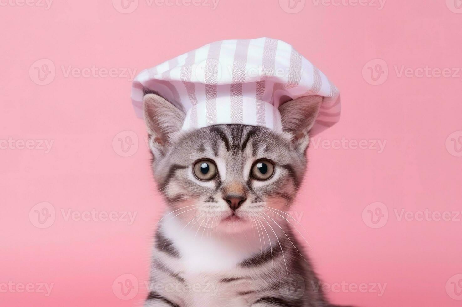 Gray kitten chefs hat on pink background. Generate Ai photo