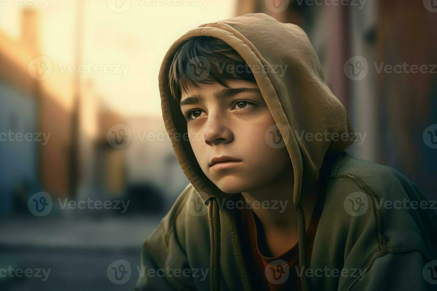 Sad boy living in poverty background. Generate ai photo