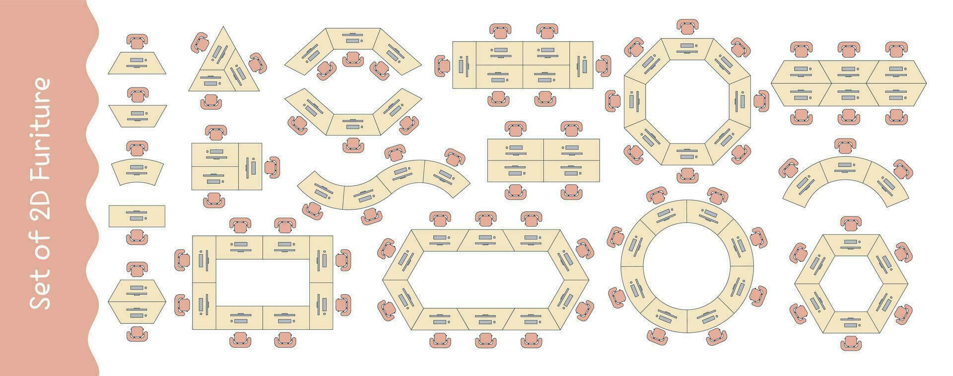 Furniture for the floor plan. Top view tables for office. Perfect for interior mood boards and planning sketches. Architectural. vector