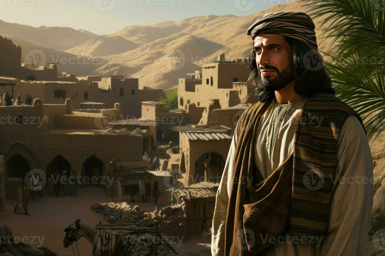 Bearded Old arab village man walking. Generate Ai photo