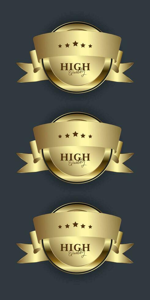 SET of Three button Elegant pearl gold label, glossy labels with golden frame over beige background, premium and Golden label button isolated on black background vector