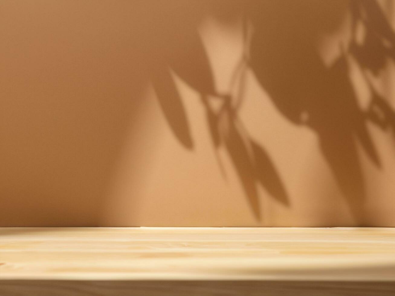 Mock up for presentation, branding products, cosmetics, food or jewellery. Empty table on bright brown wall background. Composition with leaves shadow on the wall and wooden desk. photo