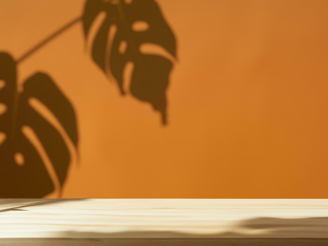 Mock up for presentation, branding products, cosmetics, food or jewellery. Empty table on bright brown wall background. Composition with leaves shadow on the wall and wooden desk. photo