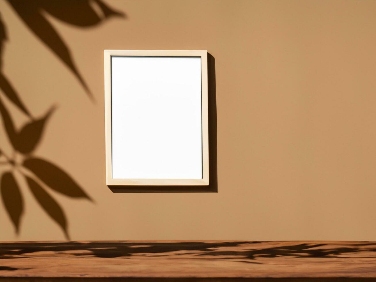 Mock up for presentation, branding products, cosmetics, food or jewellery. Empty table on bright brown wall background. Composition with leaves shadow on the wall and wooden desk. photo