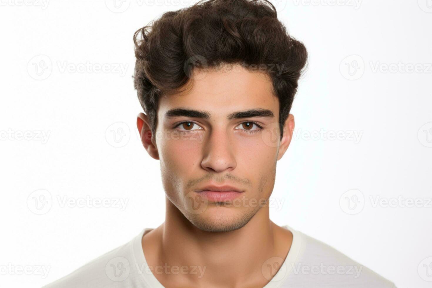 Close up portrait of curly handsome European man ai generative photo