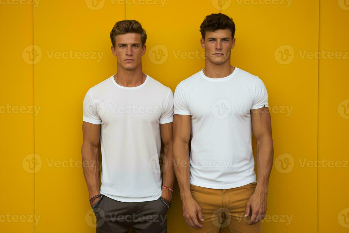 two young man standing on a Yellow background ai generative photo