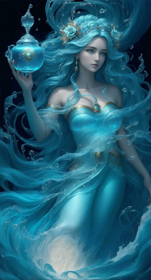 the blue aquarius mermaid in the deep ocean, incredibly beautiful, AI generated photo