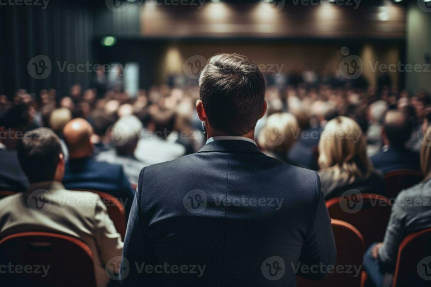 Rear side of audiences sitting and listening the speackers on the stage ai generative photo