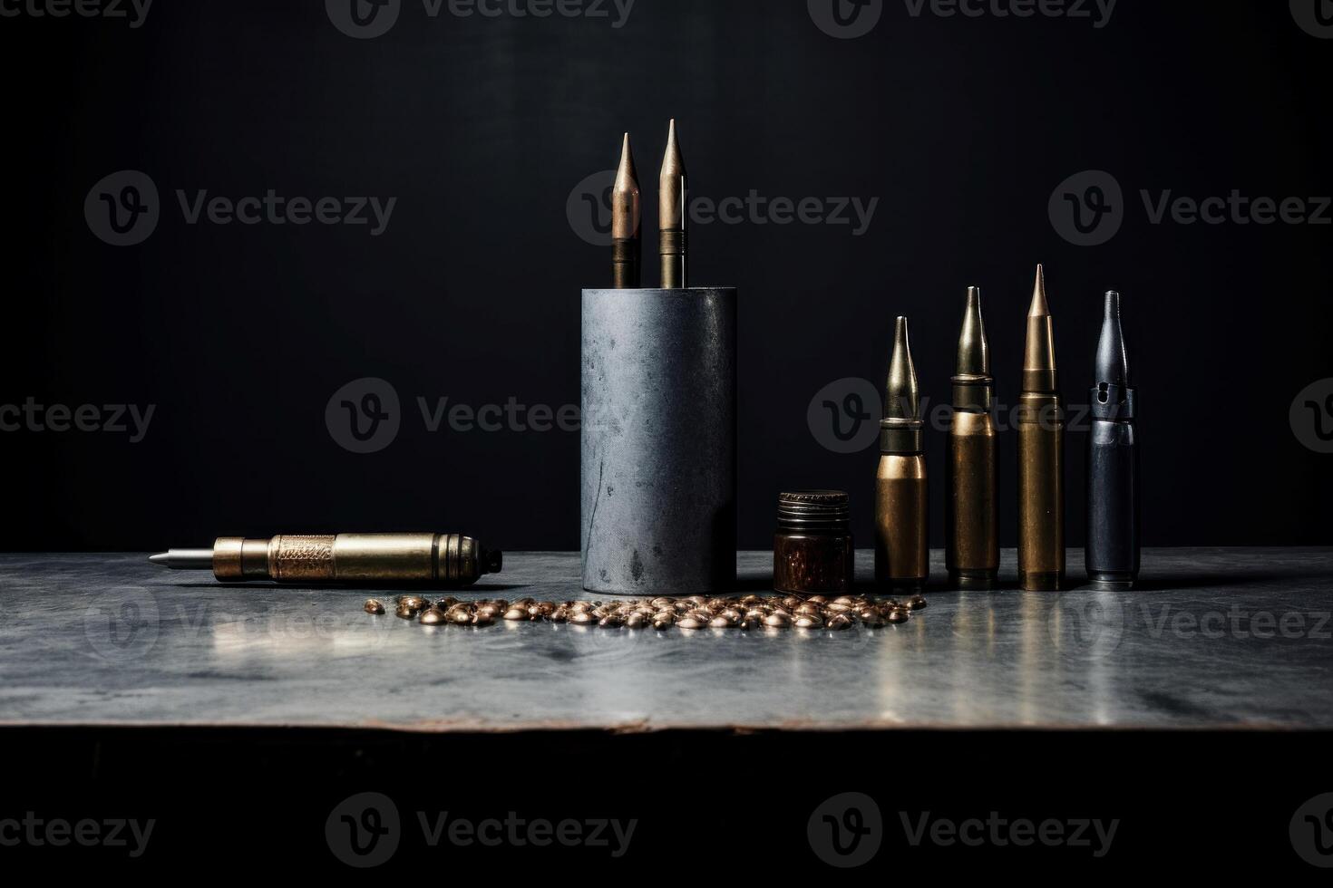 Bullets and gun on big gray table. Generate Ai photo