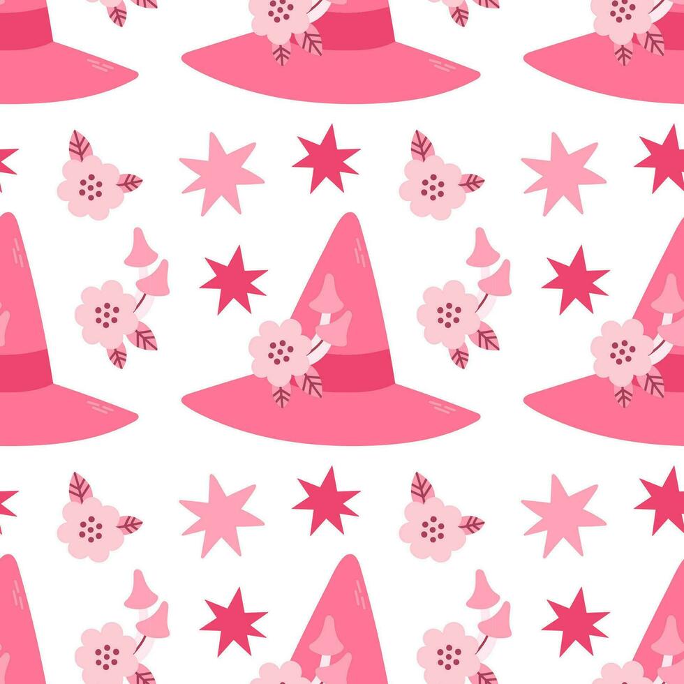 Pink Halloween seamless pattern vector illustration. Pink print in flat style. Halloween lettering quote. Vector illustration