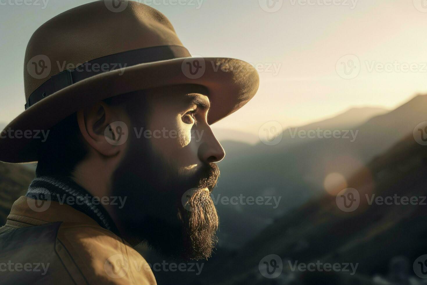 Bearded man with hat in mountain. Generate ai photo