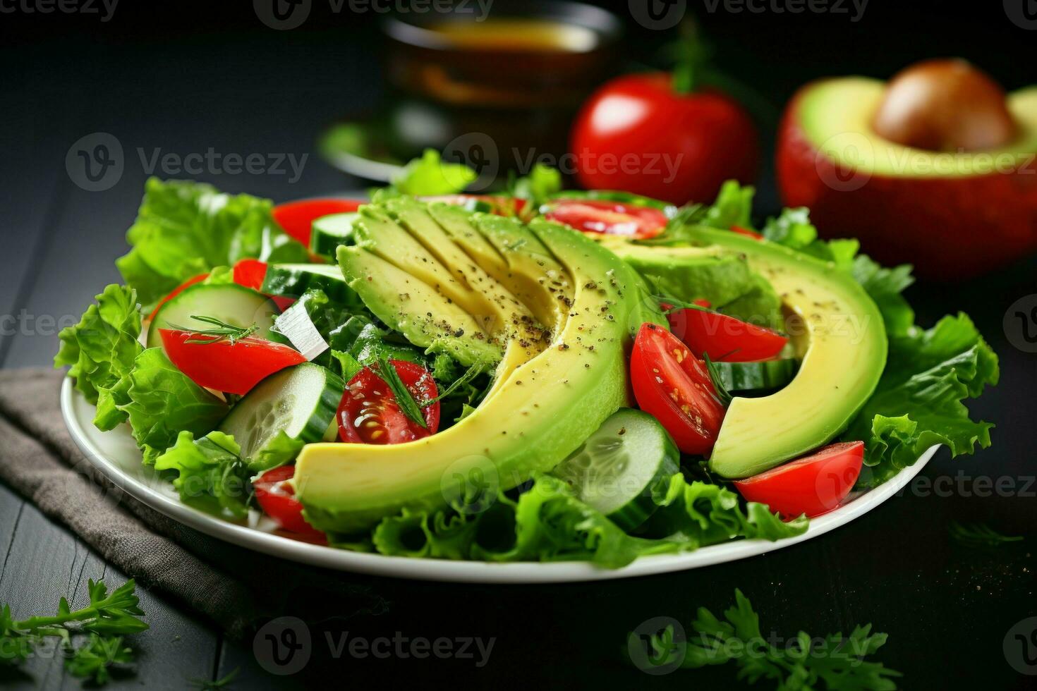 Tasty salad in fresh avocado on table. Generate Ai photo