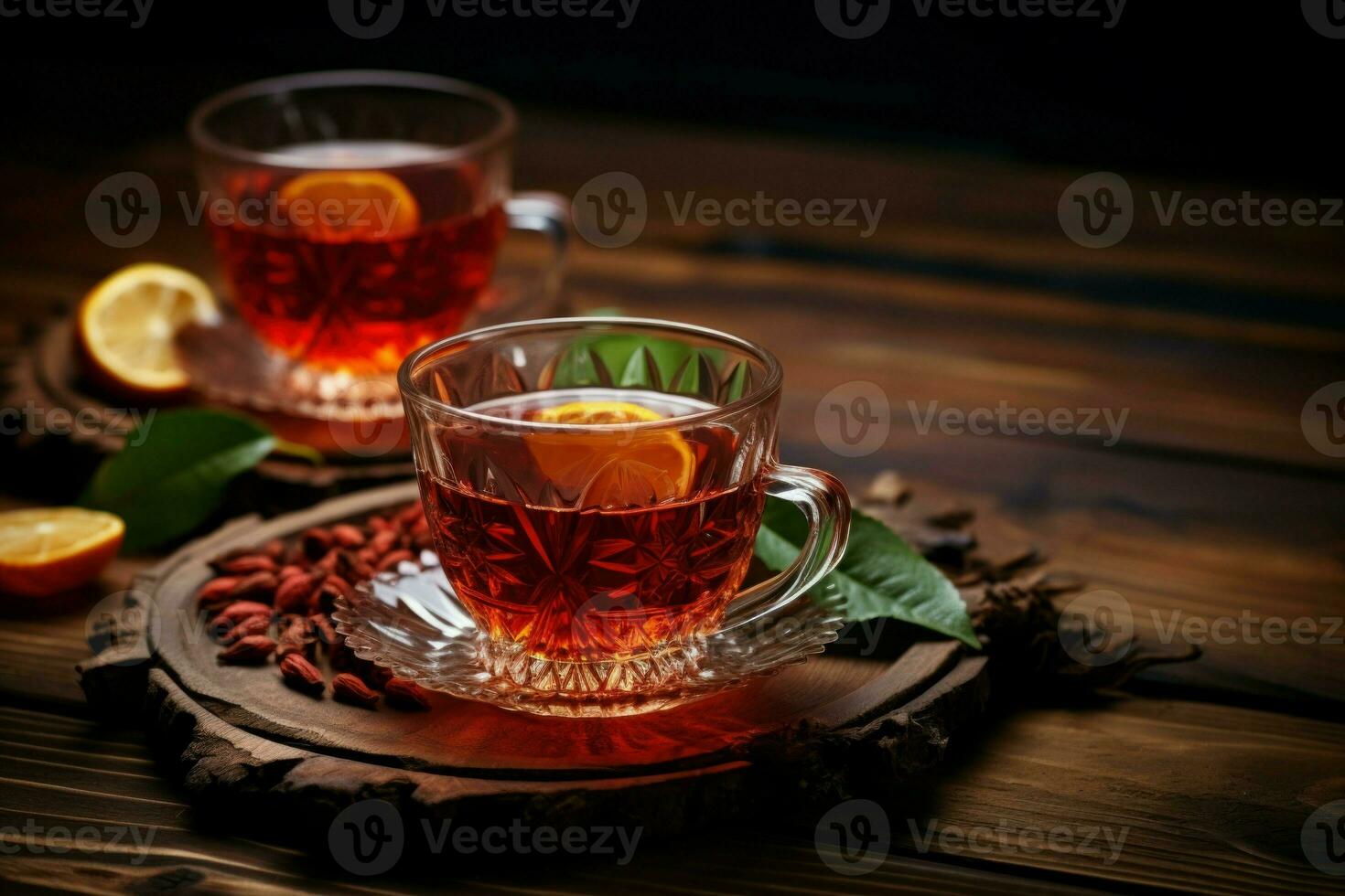 Turkish tea in traditional glass with lemon slices on wooden background. Generate Ai photo
