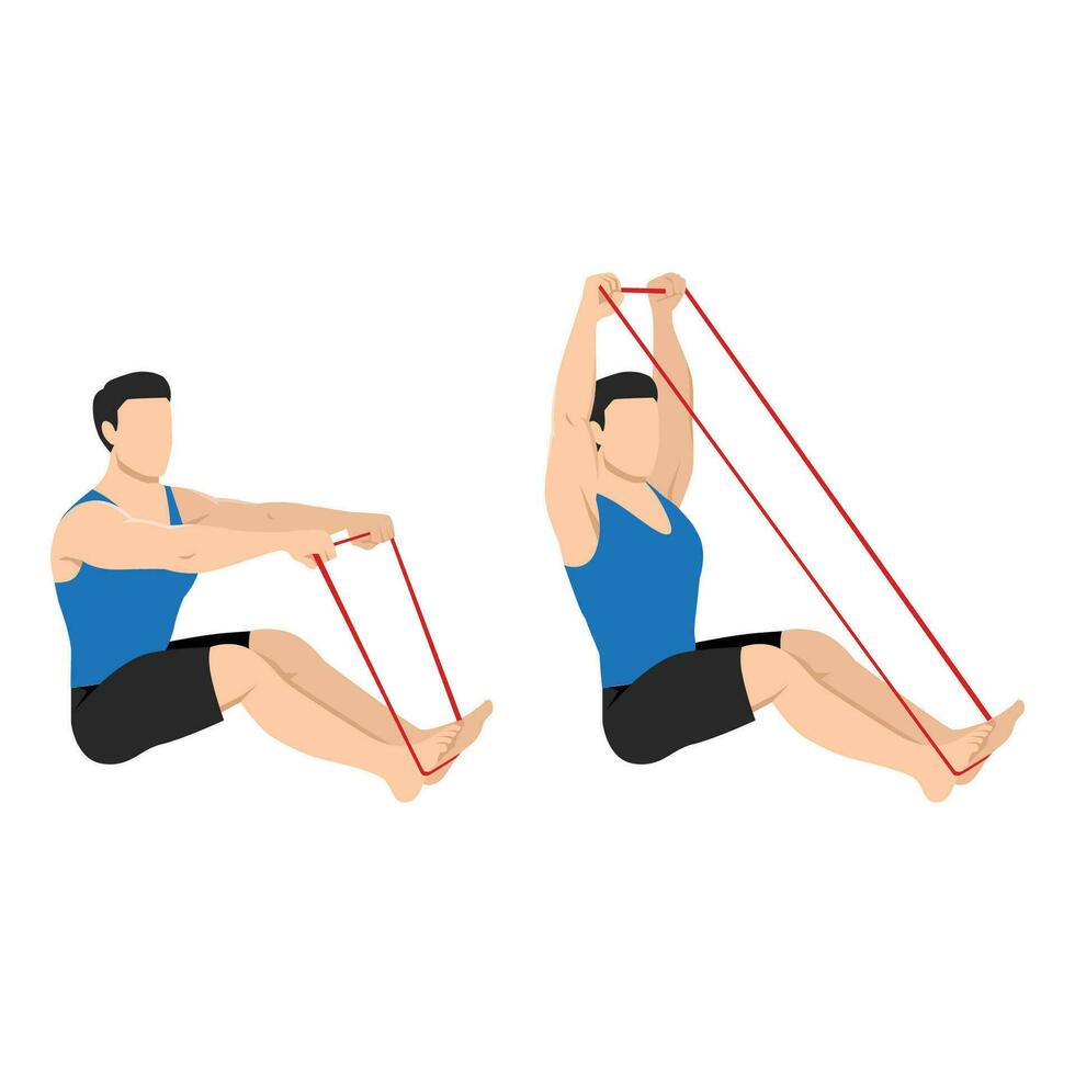 Man doing banded or resistance band seated overhead pull exercise. vector