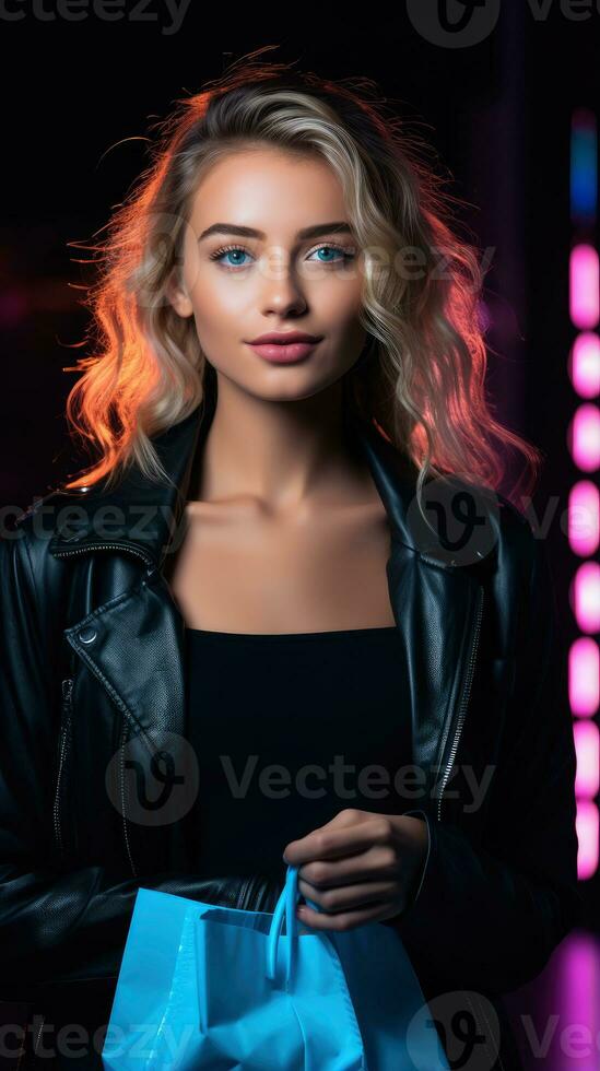 Woman in neon light cyberpunk dark background with shopping bags in black friday, cyber monday sales concept AI Generated photo