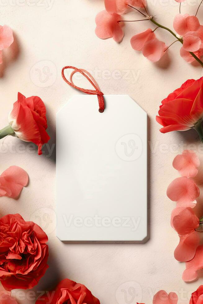 Modern blank valentine gift tag mockup with red rose leaves petals AI Generated photo