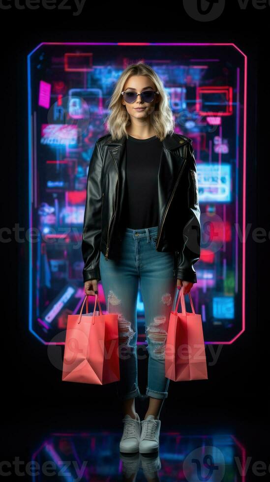 Full body woman in neon light cyberpunk dark background with shopping bags in black friday sales concept AI Generated photo