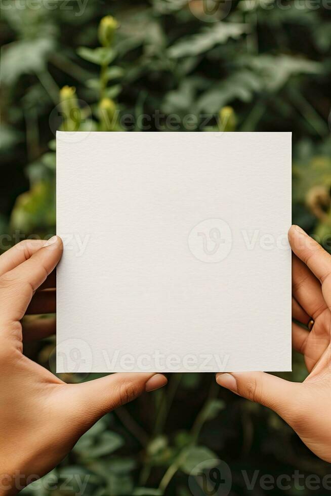 Vertical Mockup Card in Hands for invitation, Wedding, Card or Postcard Mockup AI Generated photo