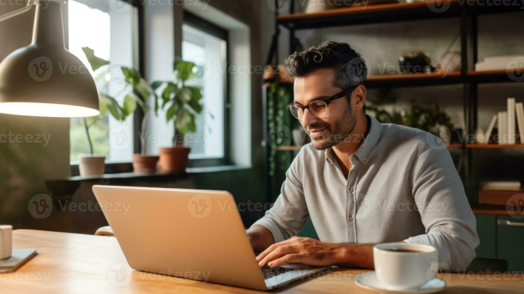 masculino persona de libre dedicación trabajando en ordenador portátil a hogar o trabajo desde hogar concepto ai generado foto