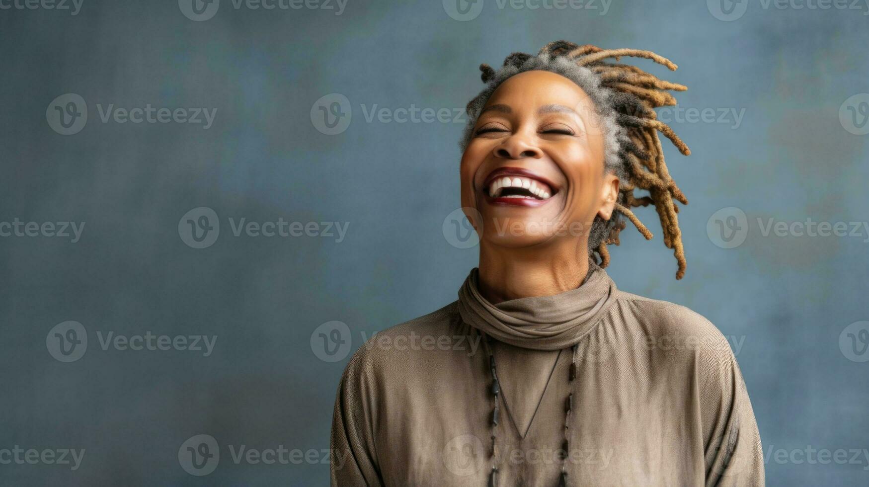 Happy mature african woman smiling cheerfully embracing her natural body with dreadlocks with copyspace AI Generated photo