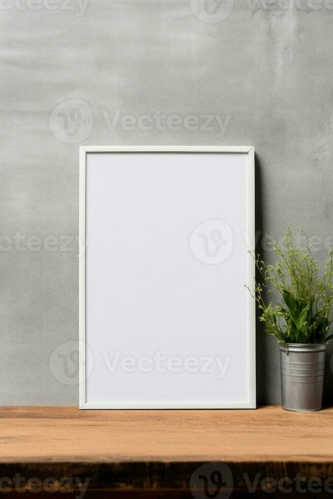 Blank vertical picture frame mockup hanging on a plain wall with wooden desk table and flower vase AI Generated photo