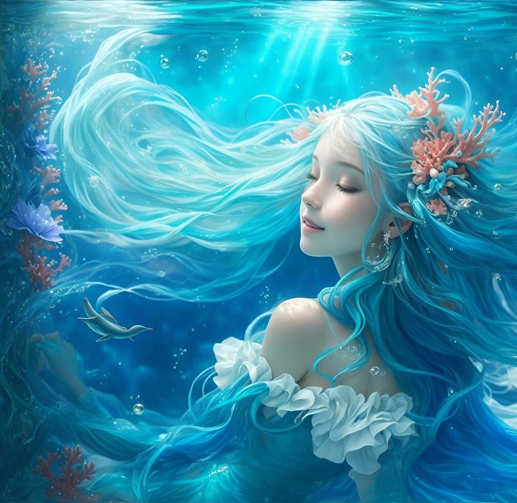 the blue aquarius mermaid in the deep ocean, incredibly beautiful, AI generated photo