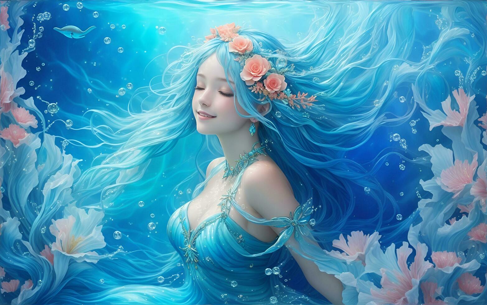 the blue aquarius mermaid in the deep ocean, incredibly beautiful, AI generated photo