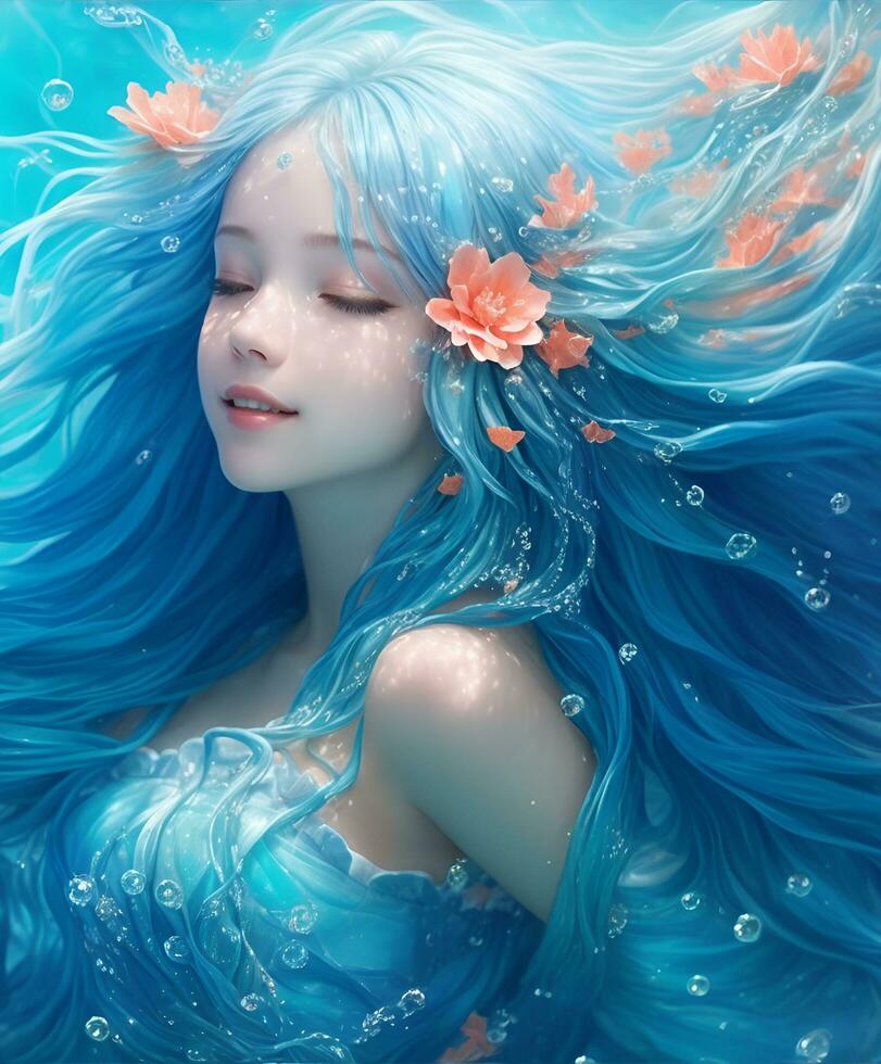 the blue aquarius mermaid in the deep ocean, incredibly beautiful, AI generated photo