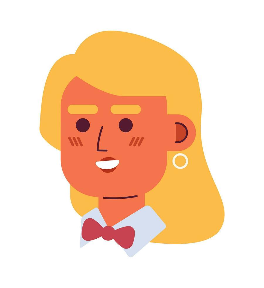 Caucasian waitress bow-tie 2D vector avatar illustration. Young adult hostess restaurant cartoon character face portrait. Server female flat color user profile image isolated on white background