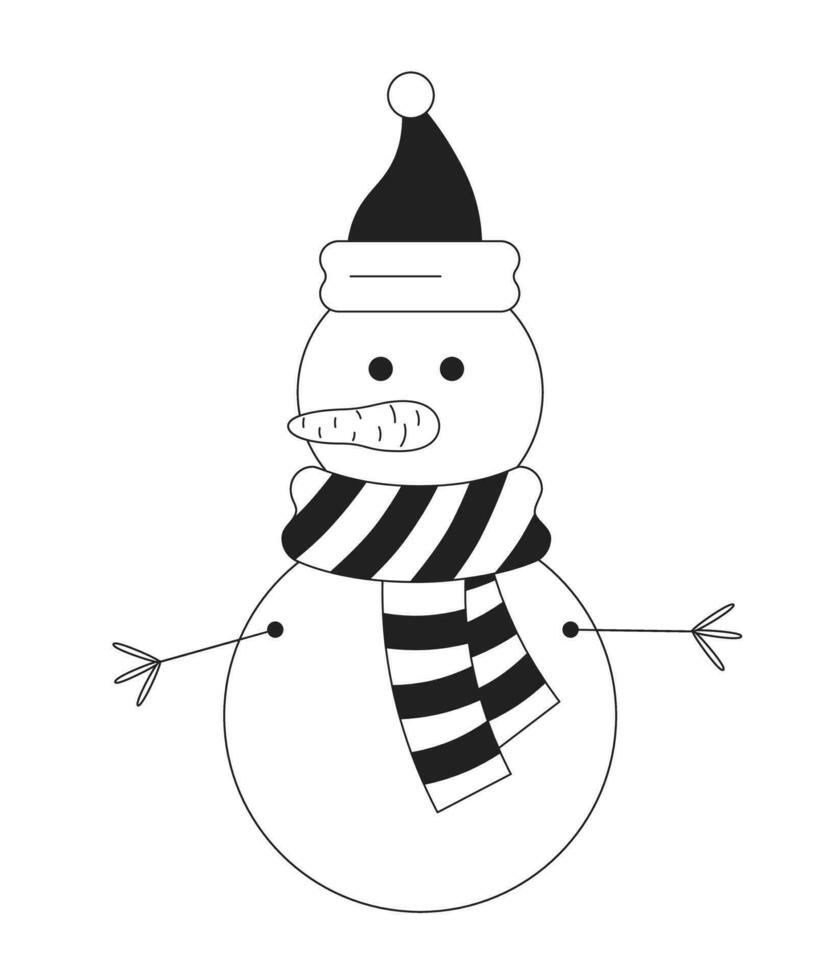 Snowman Christmas black and white 2D cartoon object. Xmas tradition isolated vector outline item. Congratulate new year. Festive winter season spirit santa hat monochromatic flat spot illustration