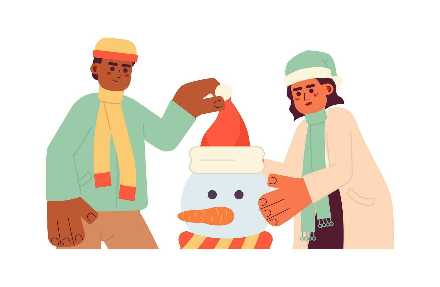 Winter clothes friends making snowman 2D cartoon characters. Interracial couple having fun together isolated vector people white background. Leisure activity wintertime color flat spot illustration