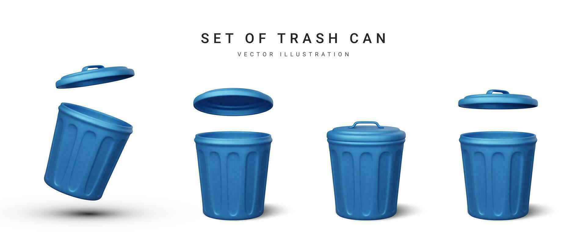 Set of 3d realistic blue trash can on white background. Vector illustration