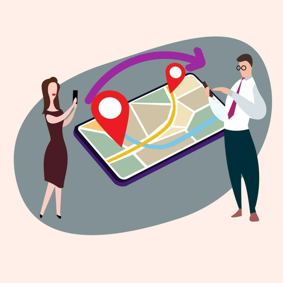 2 business people working on mobile phone sharing location vector