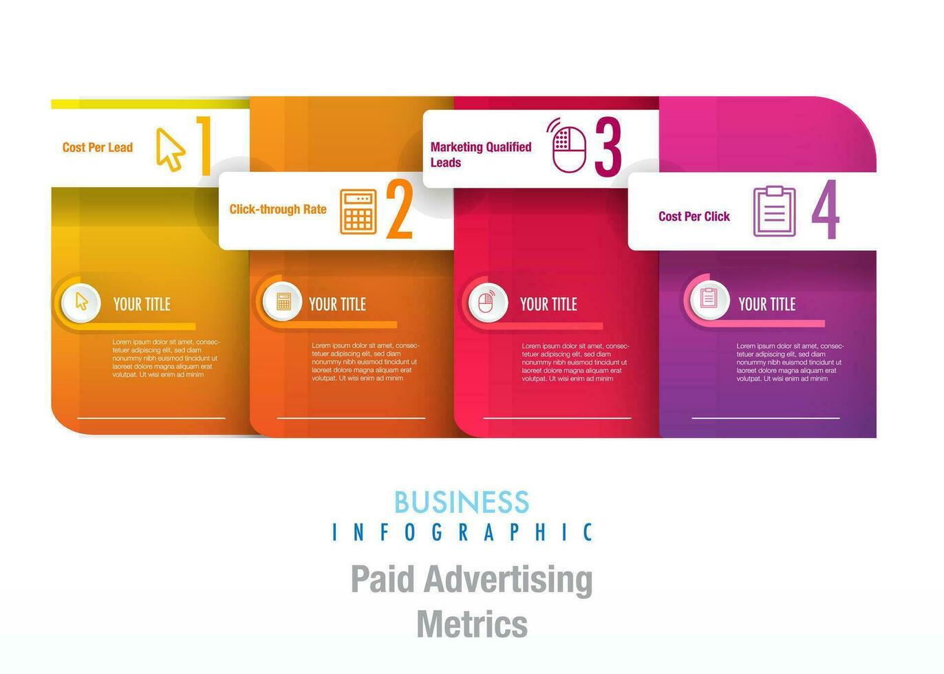 4 4 pasos en el mercado negocio publicidad métrico, investigación proceso icono y infografía el mapa vial a éxito vector