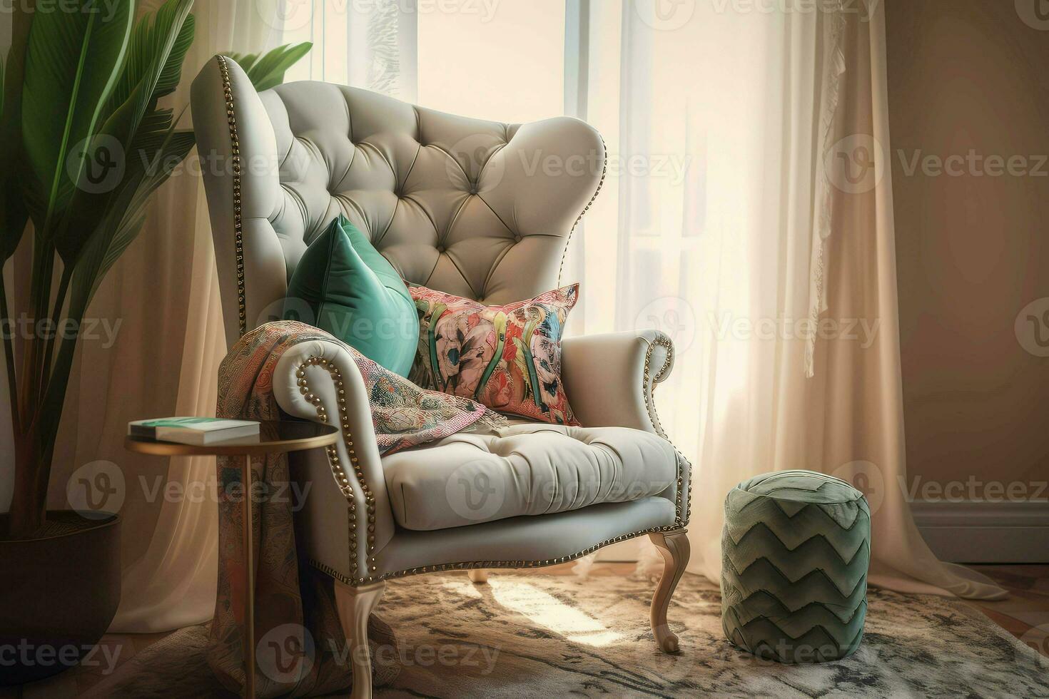 Cozy curved tufted chair. Generate Ai photo