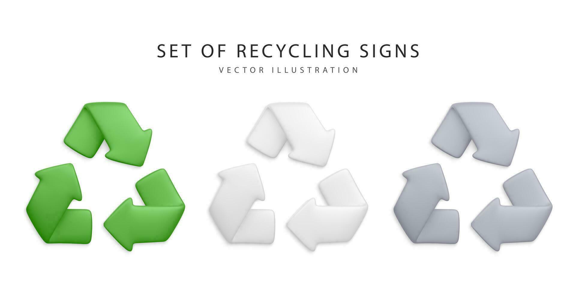 Set of 3d realistic recycling signs isolated on white background. Vector illustration