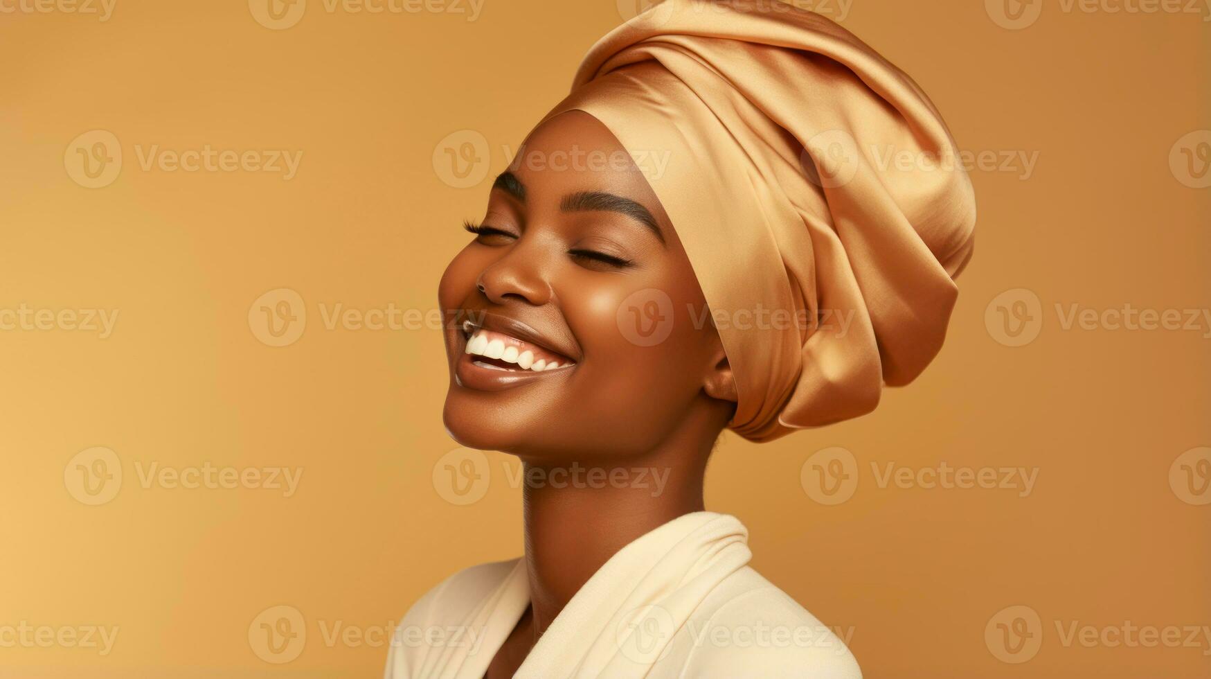 Smiling african woman model with headscarf looking away on beige background with copyspace AI Generated photo