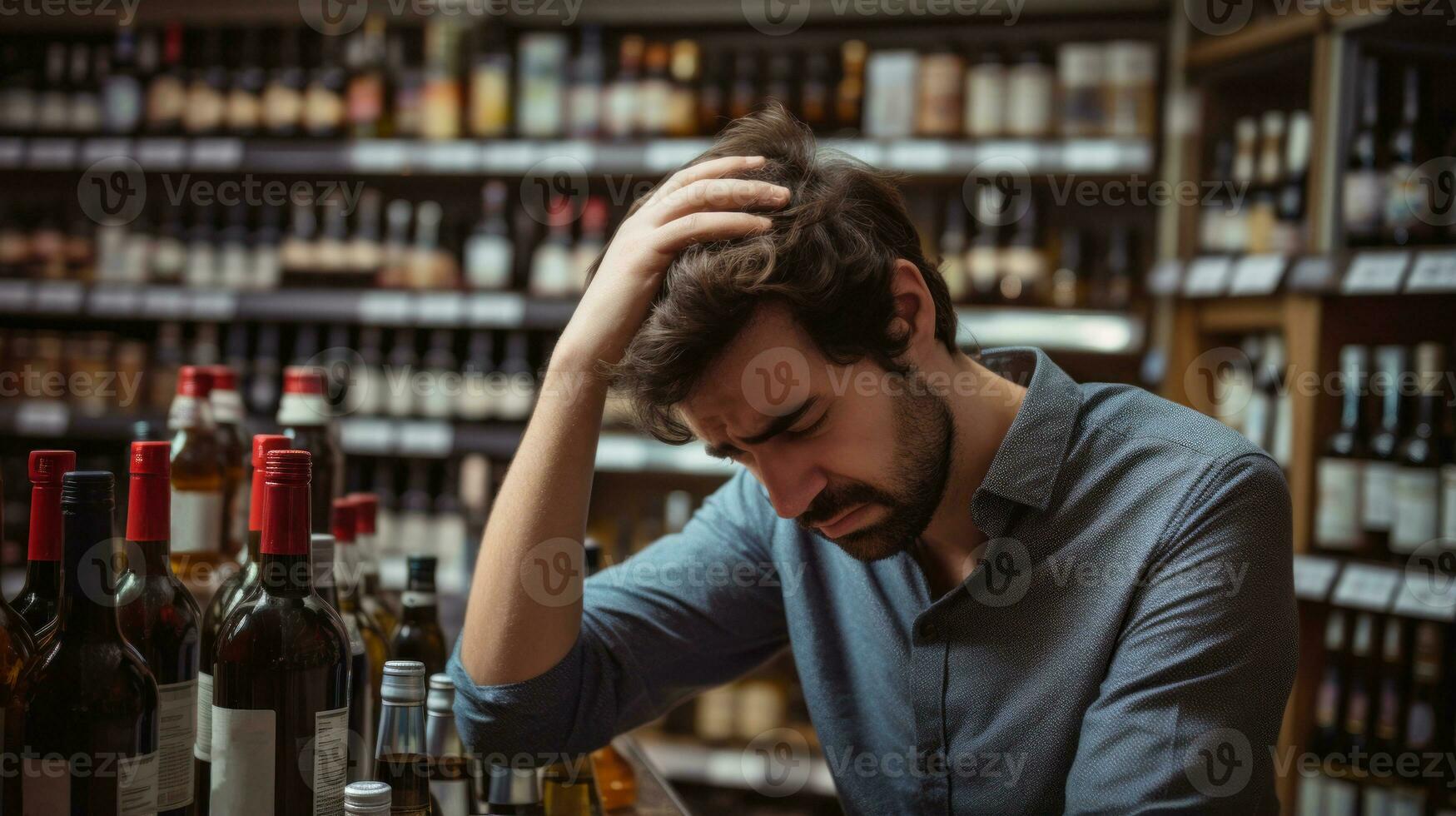 Drunk and depressed sad young man suffer from headache and alcohol withdrawal AI Generated photo