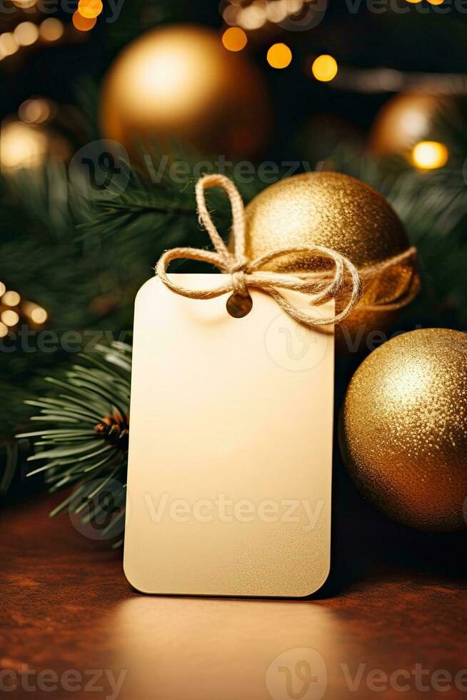 Modern Gift Tag for Christmas Holiday Mockup on gold background AI Generated photo