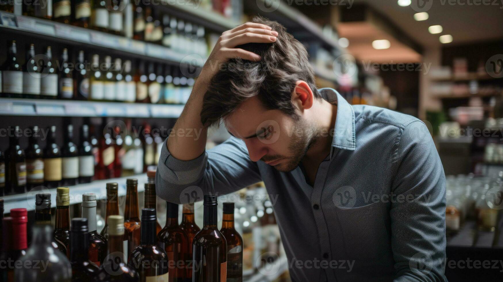 Drunk and depressed sad young man suffer from headache and alcohol withdrawal AI Generated photo