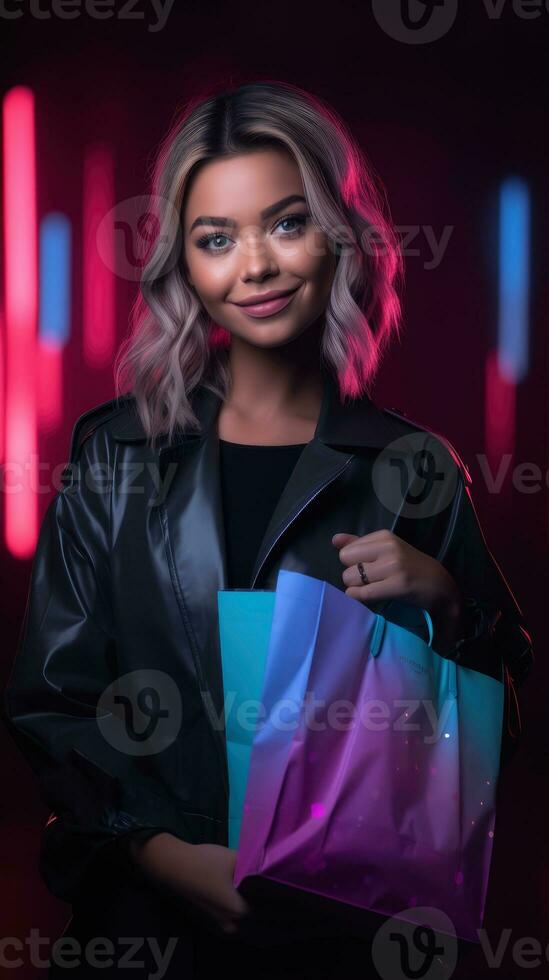 Woman in neon light cyberpunk dark background with shopping bags in black friday, cyber monday sales concept AI Generated photo