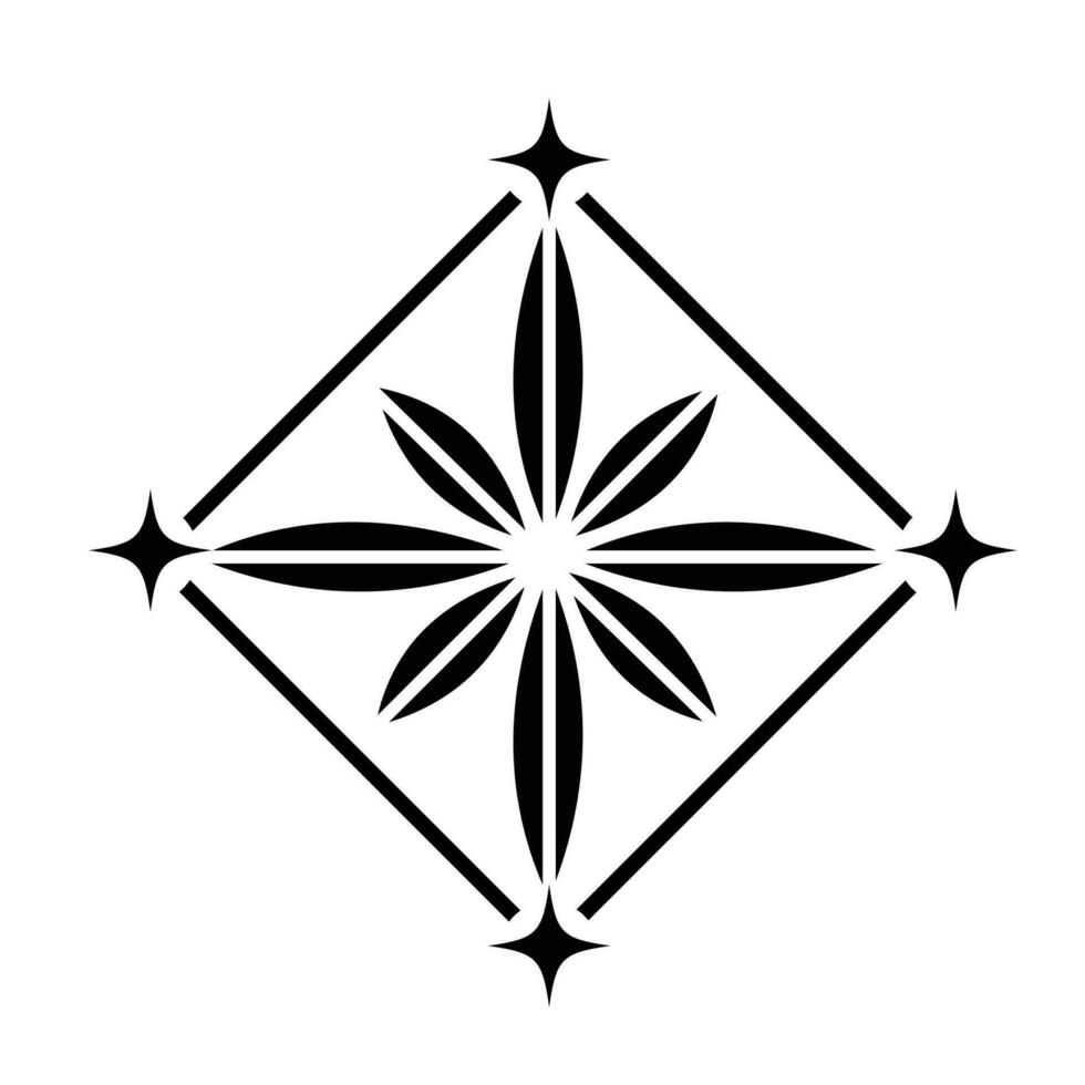 Ornamental flower decorative element in diamond shaped frame vector icon black silhouette illustration isolated on square white background. Simple flat cartoon art styled drawing.